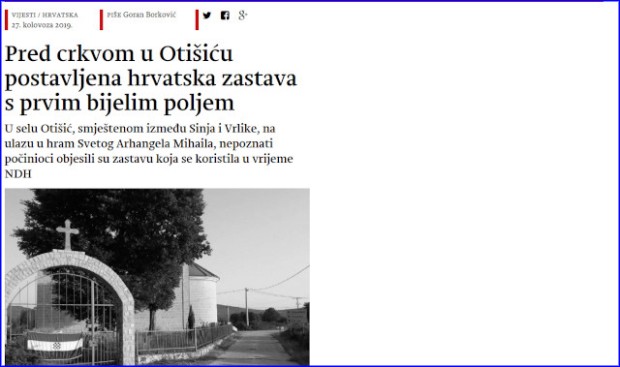 Zastava NDH na crkvi u selu Otišić u kom žive Srbi
